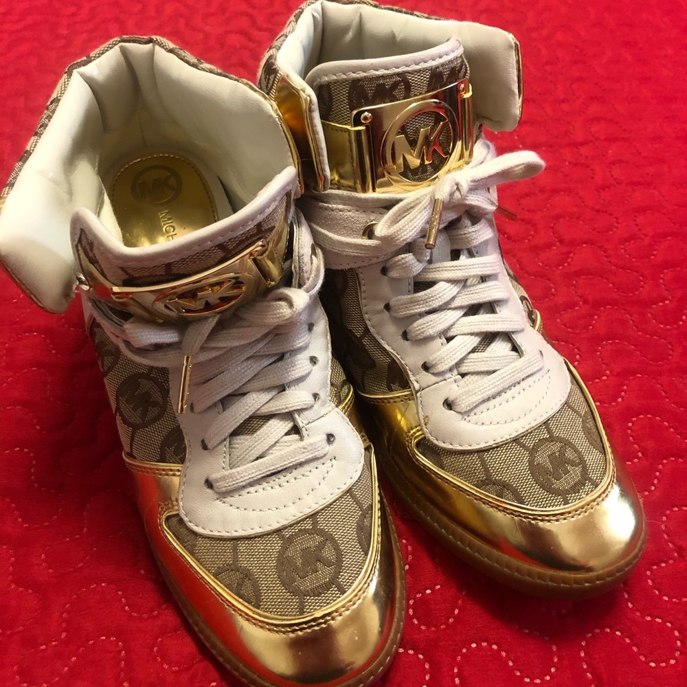 Gold Michael Kors High Top Heel Sneakers